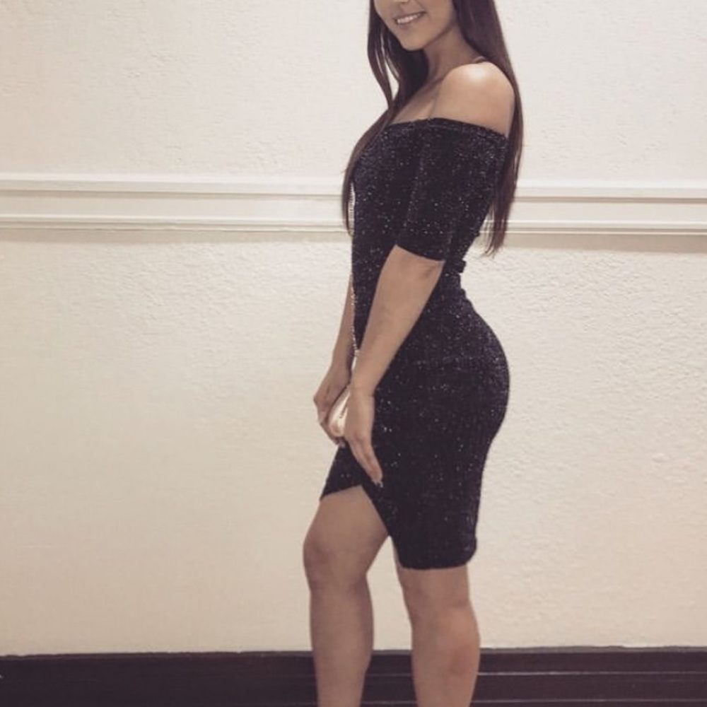 Sparkly black off-shoulder dress